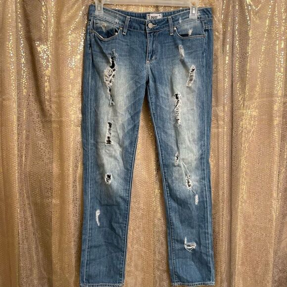 PAIGE Jimmy Jimmy Skinny Riley Destroyed Light Wash Denim Jeans, 28"/6/M - Picture 1 of 9